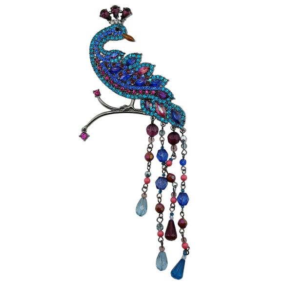 Avon Silvertone Peacock Rhinestone And Beaded Dangle Brooch Timeless Elegant - Picture 1 of 6